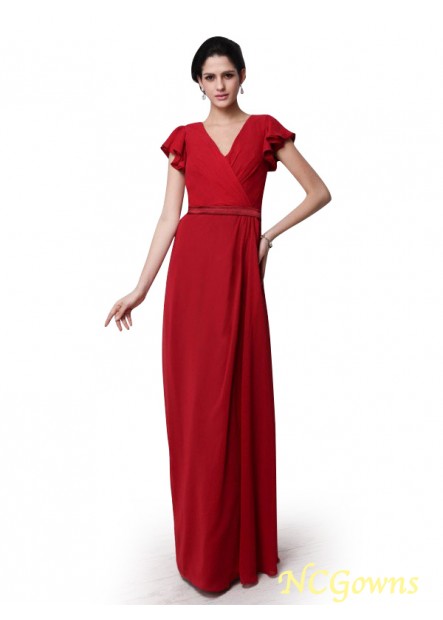 Chiffon Empire Short Sleeves Floor-Length Sheath Column Silhouette Red Dresses T801524723185