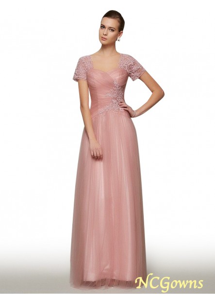 Short Sleeves Beading Applique A-Line Princess Floor-Length Evening Dresses