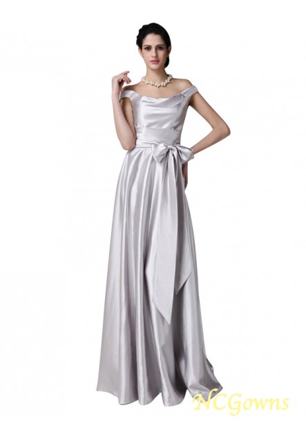 Floor-Length Sash Ribbon Belt Off-The-Shoulder Zipper Silver Dresses