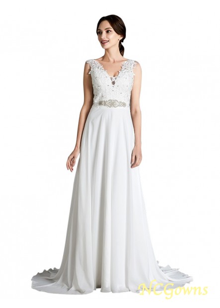 A-Line Princess Silhouette V-Neck Chiffon Sleeveless Wedding Dresses