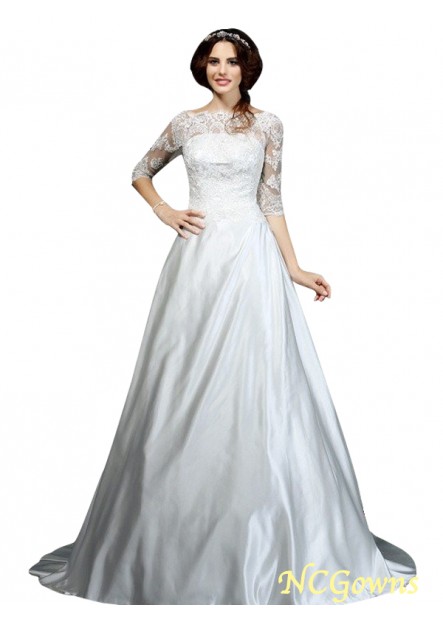 Satin Fabric Bateau Neckline Natural A-Line Princess Silhouette White Dresses