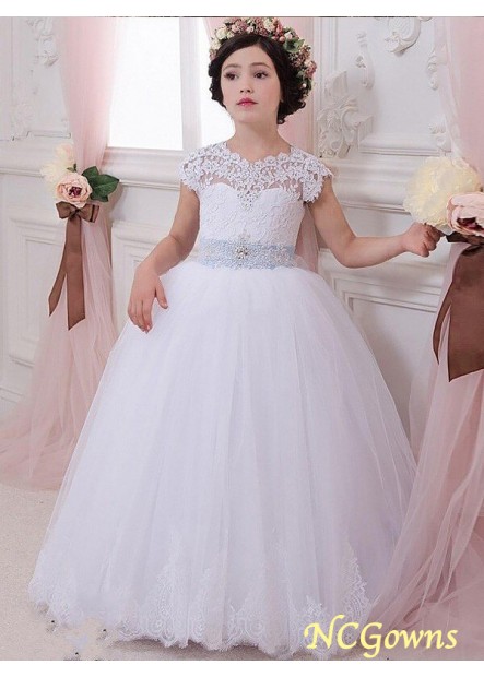 Floor-Length Scoop Sleeveless Sash Ribbon Belt Embellishment Natural Ball Gown Tulle Wedding Party Dresses