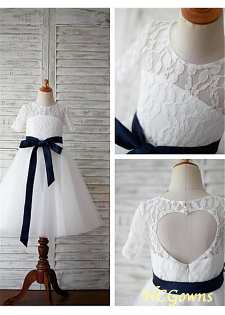Floor-Length Tulle  Lace Natural Waist A-Line Princess Silhouette Sash Ribbon Belt Scoop Neckline Other Wedding Party Dresses