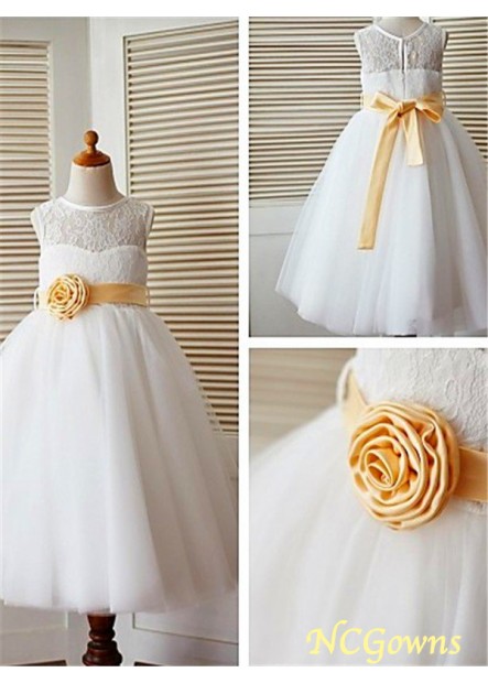 Ncgowns Tulle Fabric Zipper A-Line Princess Lace Natural Waist Sleeveless Sleeve Scoop Flower Girl Dresses