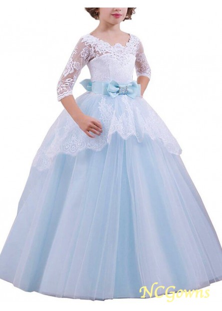 Ball Gown 1 2 Sleeves Sleeve Tulle Natural Floor-Length Hemline Train Lace Flower Girl Dresses