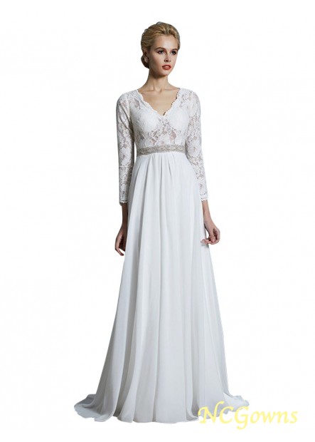 Ncgowns 3 4 Sleeves Sleeve Chiffon Lace V-Neck Vintage Wedding Dresses
