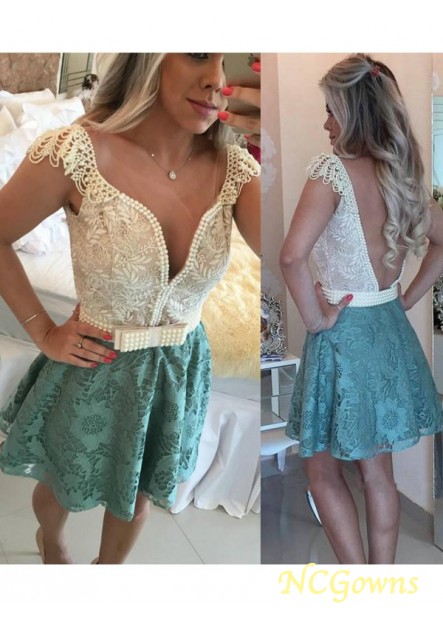 Beading A-Line Princess V-Neck Neckline Other Back Style Sleeveless Lace Fabric 2023 Homecoming