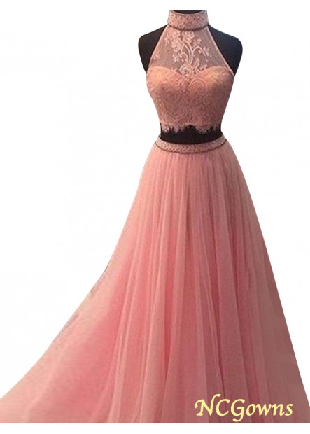 Sleeveless High Neck A-Line Princess Tulle Lace Natural Prom Dresses