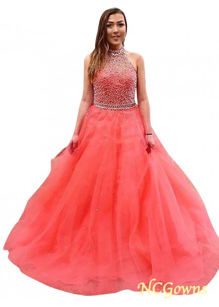 Sleeveless Halter Ball Gown Beading Tulle Floor-Length Hemline Train Other Long Prom Dresses