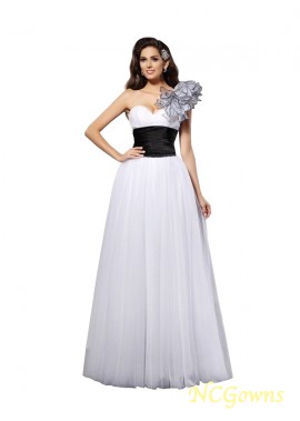 A-Line Princess Floor-Length Net Sash Ribbon Belt Embellishment Sleeveless Zipper One-Shoulder 2023 Formal Dresses