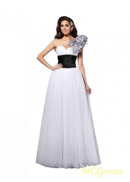 A-Line Princess Floor-Length Net Sash Ribbon Belt Embellishment Sleeveless Zipper One-Shoulder 2023 Formal Dresses
