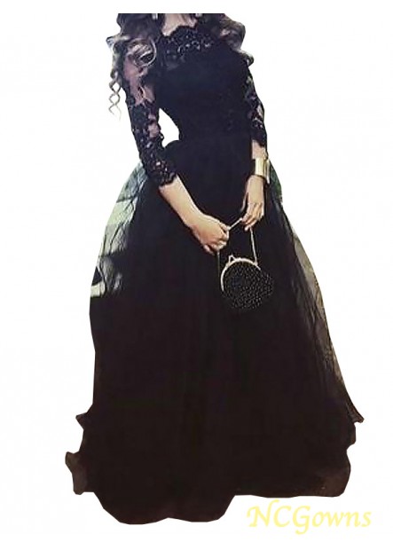 Tulle Fabric Natural Floor-Length Ball Gown Black Dresses