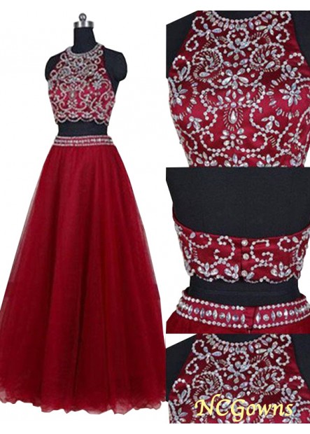 Jewel Neckline Floor-Length Hemline Train Red Dresses