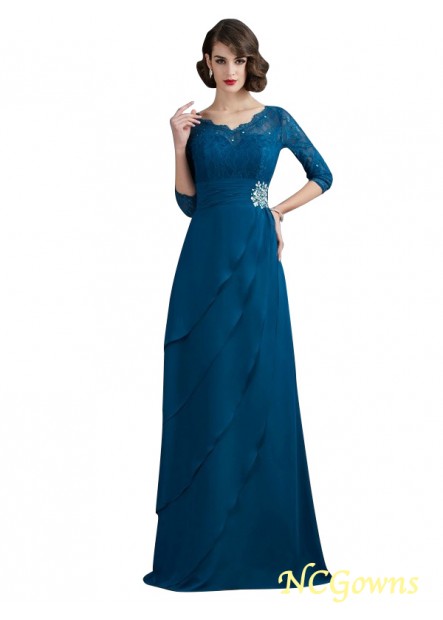 Floor-Length A-Line Chiffon Fabric 3/4 Sleeves Wedding Party Mother Dresses