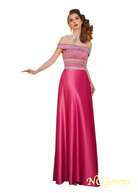 Ncgowns Off-The-Shoulder Neckline Satin Natural Beading Floor-Length Hemline Train Prom Dresses