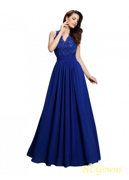 Zipper V-Neck Sleeveless A-Line Princess Floor-Length Royal Blue Dresses