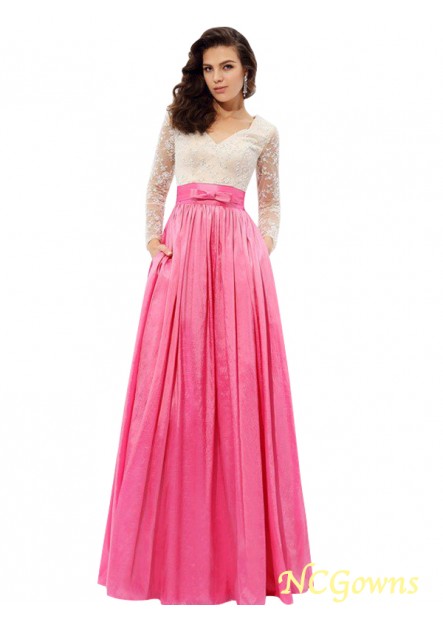 Floor-Length Zipper Back Style Long Sleeves Sleeve A-Line Princess Silhouette Lace Taffeta Fabric Long Evening Dresses