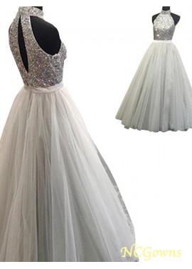 Sleeveless Beading Tulle Fabric Floor-Length Natural Long Prom Dresses T801524704138