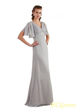 Ncgowns Natural Waist Zipper V-Neck Short Sleeves Beading Embellishment Sheath Column Evening Dresses