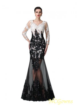Floor-Length Sheath Column Silhouette V-Neck Neckline 3 4 Sleeves Natural Waist Lace Embellishment Prom Dresses