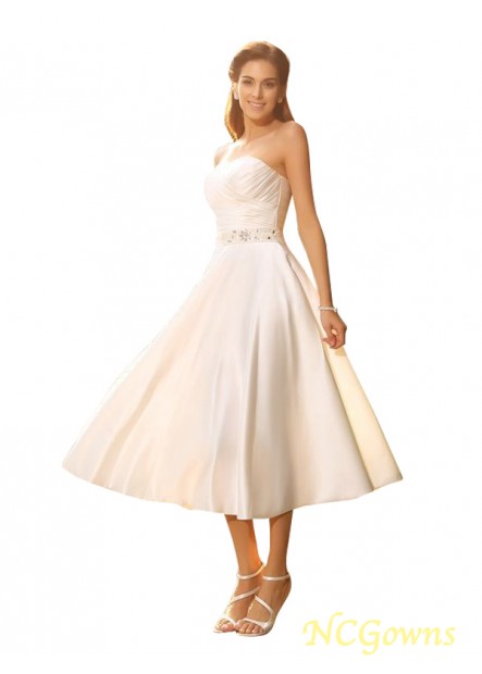 Empire Beading Embellishment Sleeveless Tea-Length A-Line Princess Satin Fabric Wedding Dresses