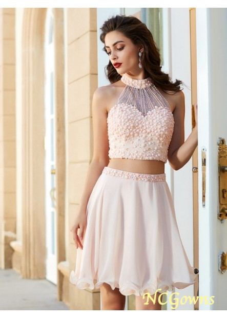 A-Line Princess Short Mini Chiffon Fabric Beading Halter Neckline Natural Waist Homecoming Dresses T801524710355