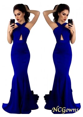 Ncgowns Satin Sweep Brush Train Other Back Style Sleeveless Halter Neckline Royal Blue Dresses