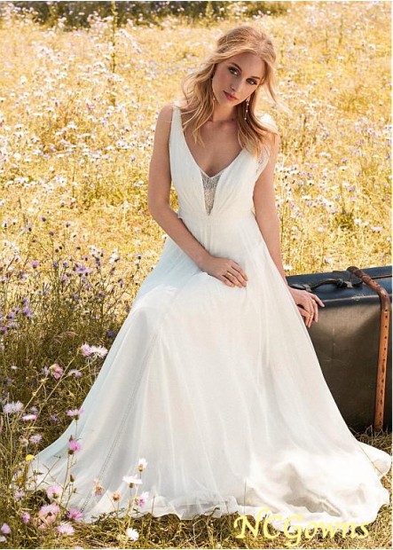 Lace  Chiffon V-Neck Neckline A-Line Silhouette Natural Waistline Wedding Dresses