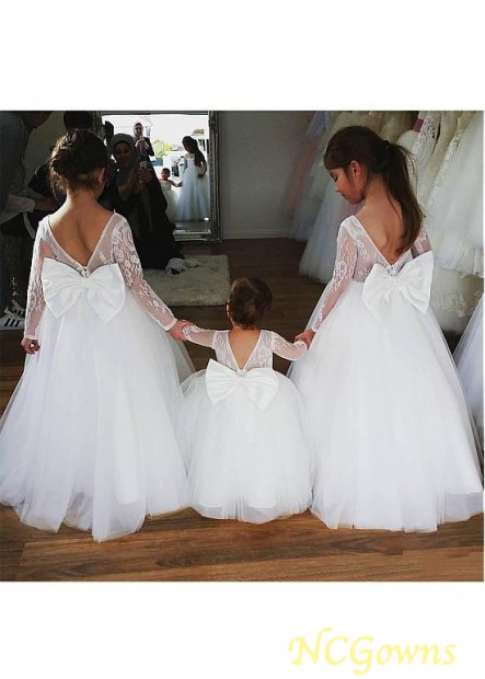 White Color Family Floor-Length Lace  Tulle Flower Girl Dresses