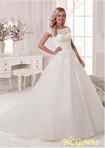 Chapel 30-50Cm Along The Floor Train Cap Sleeve Type A-Line Tulle  Lace Natural Wedding Dresses
