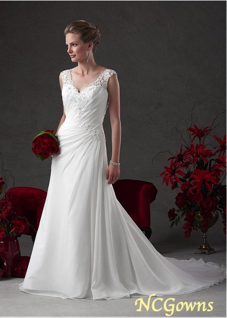Chapel 30-50Cm Along The Floor A-Line Chiffon Fabric Full Length Length V-Neck Cap Wedding Dresses