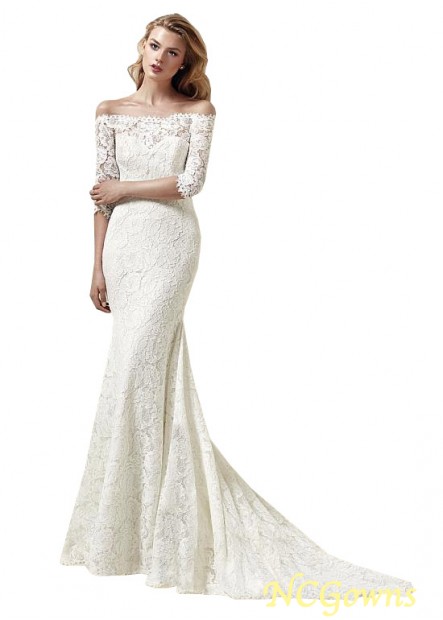 Sweep 15-30Cm Along The Floor Train Natural Waistline Lace Fabric Mermaid Trumpet 3 4-Length With Sleeves