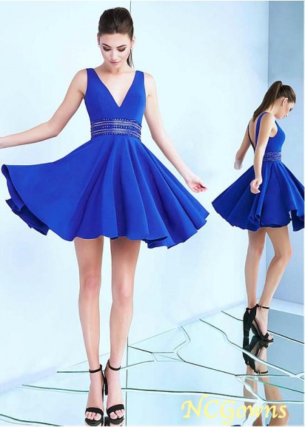 Short Mini V-Neck Neckline A-Line Satin Royal Blue Dresses
