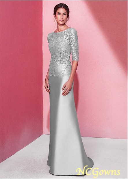 Gray Floor-Length Jewel Neckline Lace Satin Silver Dresses