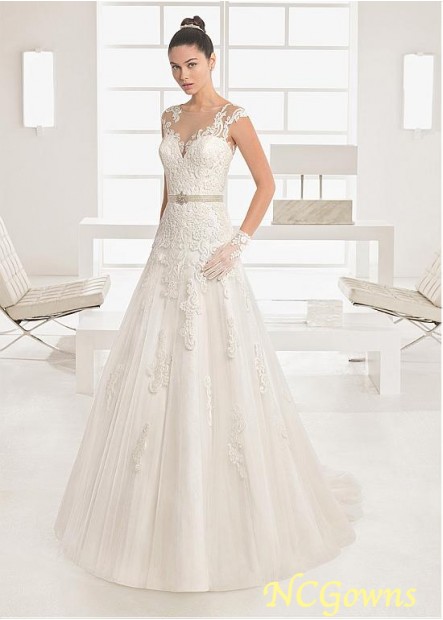 Short Sleeve Length Chapel 30-50Cm Along The Floor Jewel A-Line Full Length Tulle Wedding Dresses