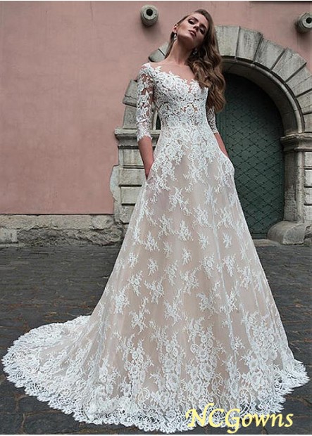 A-Line Tulle  Lace Fabric Full Length Length Illusion 3 4-Length Bateau Beach Wedding Dresses