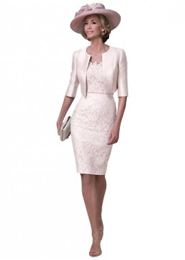Knee-Length Lace Satin Coat Jacket Pink Mother Of The Bride Dresses