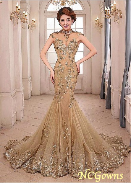 Mermaid Trumpet Tulle Fabric Gold Fishtail Skirt Type Floor-Length Special Occasion Dresses