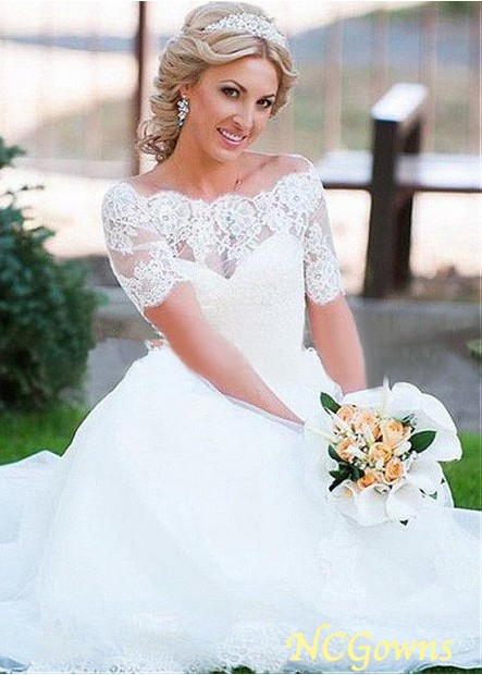 Sweep 15-30Cm Along The Floor Train Tulle  Satin Illusion Off-The-Shoulder Neckline Wedding Dresses
