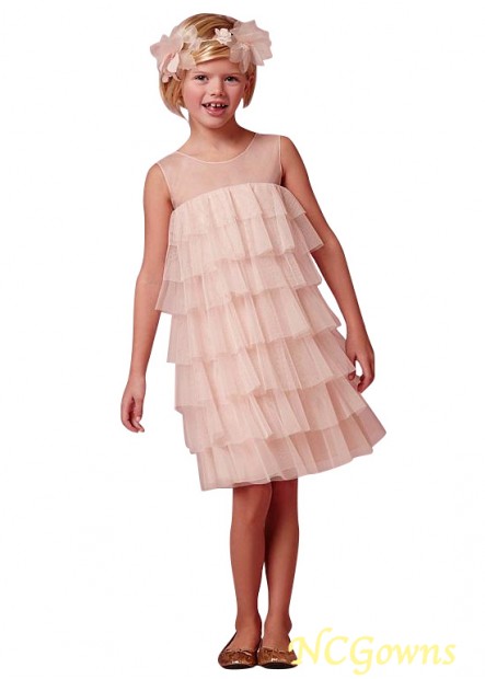 Pink Color Family Knee-Length A-Line Tulle  Satin Fabric Flower Girl Dresses T801525394735