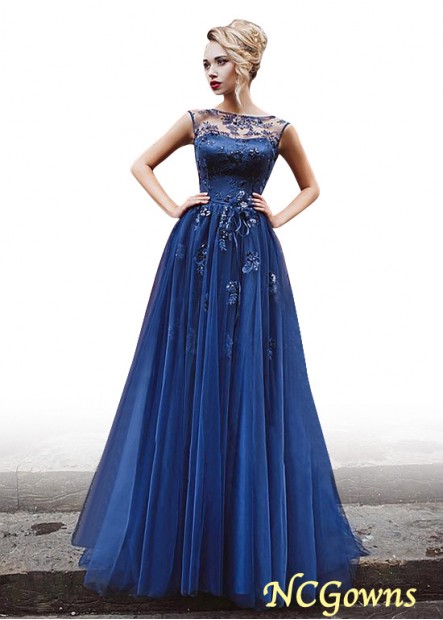 Ncgowns Pleat Floor-Length Bateau Neckline Tulle A-Line Silhouette Evening Dresses