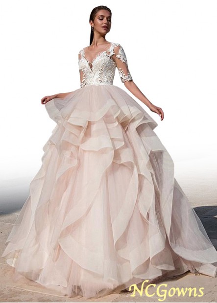 Jewel Neckline Organza  Tulle Ball Gown Silhouette Half Natural Waistline Chapel 30-50Cm Along The Floor Wedding Dresses