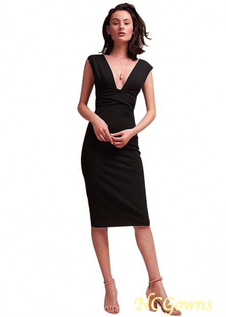 Acetate Satin Black V-Neck Knee-Length Length Sheath Column Short Dresses