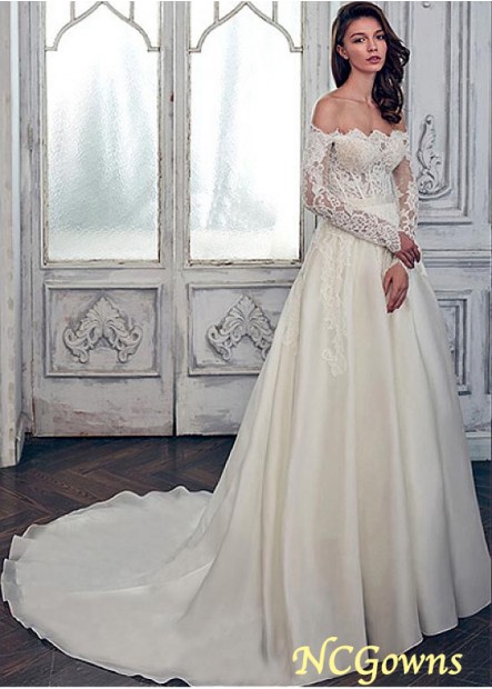 Illusion Sleeve Type Full Length Off-The-Shoulder A-Line Tulle  Organza Wedding Dresses