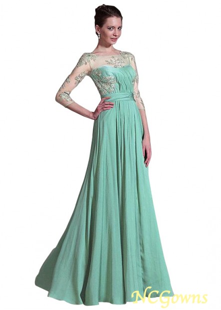 A-Line Pleat Green Tulle  Chiffon With Sleeves