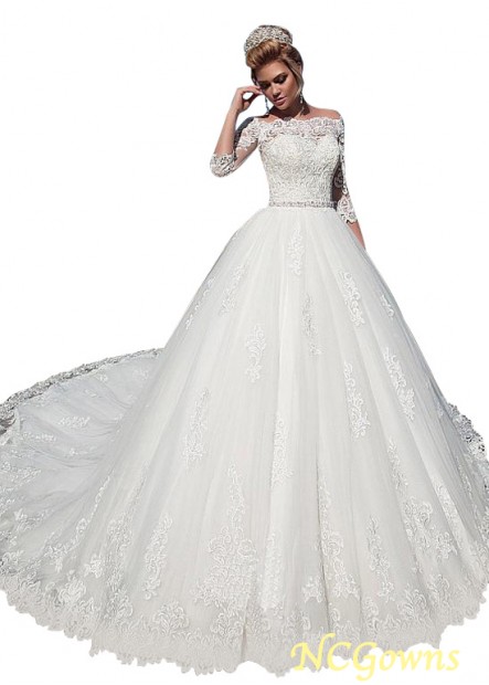 Natural Waistline Off-The-Shoulder 3 4-Length Wedding Dresses T801525313012