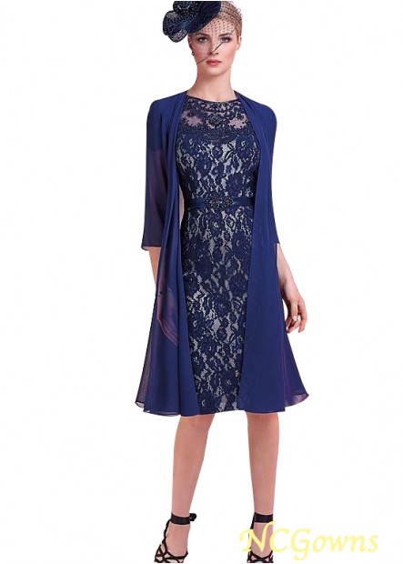 Blue Tone Color Family Sheath Column Silhouette Knee-Length Chiffon  Lace Coat Jacket Sleeve Type Short Dresses