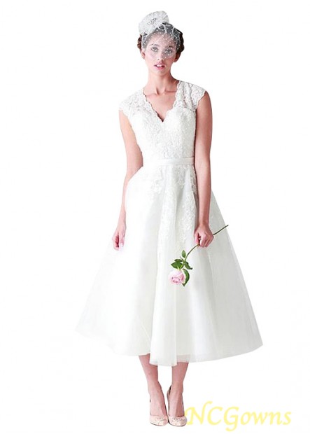 Tulle V-Neck Neckline Natural A-Line Cap Tea-Length Short Without Train Wedding Dresses