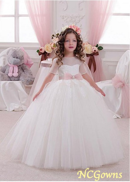 White Tulle  Satin Floor-Length Flower Girl Dresses