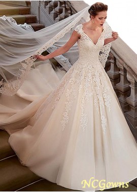 Short Sleeve Length Cap A-Line Full Length Dropped Waistline Tulle  Satin Wedding Dresses T801525387853